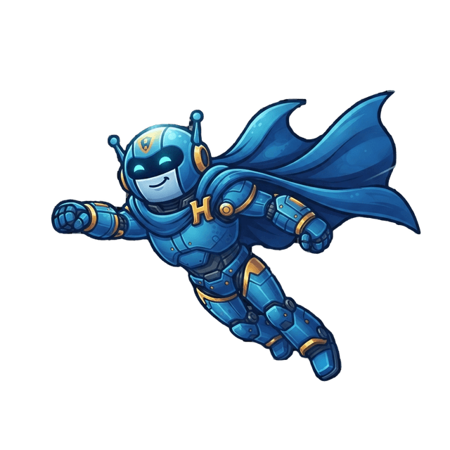 Das SEOHero-Maskottchen: ein fliegender Roboter-Superheld mit Umhang